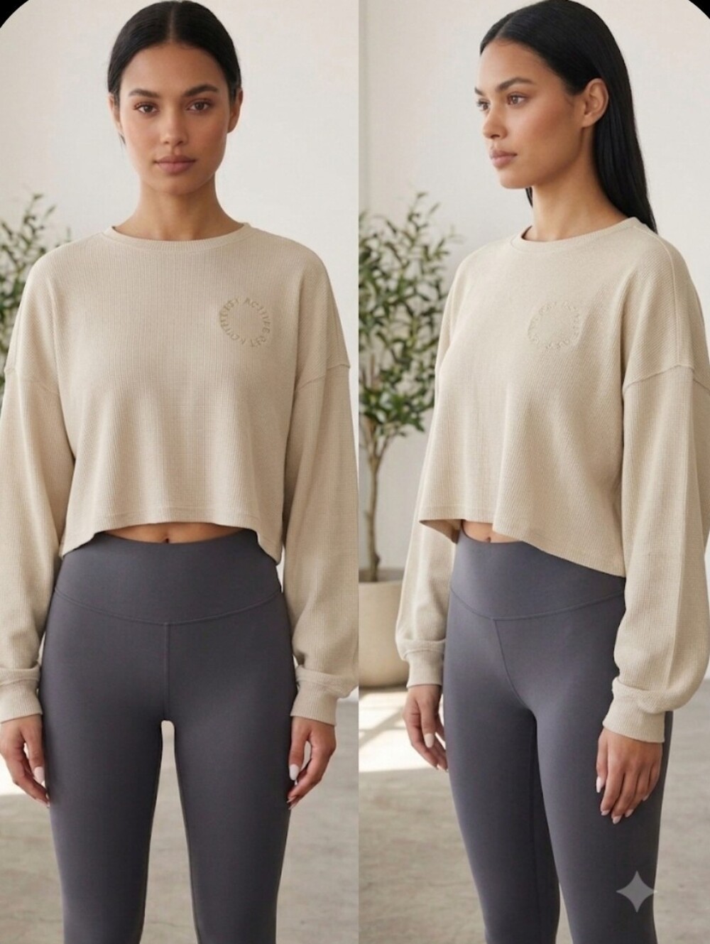 Set Active Waffle Knit Long Sleeve Crop Top Beige Tan, M
